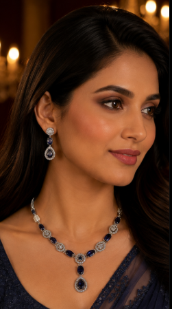 Silver-Toned Deep Blue Statement Necklace & Earring Set