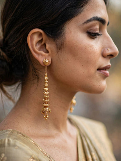 Premium Golden Textured Beaded Long Drop Earrings