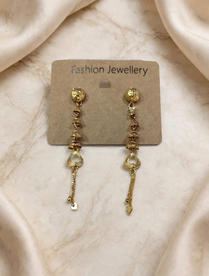 Premium Golden Textured Beaded Heart Charm Drop Earrings
