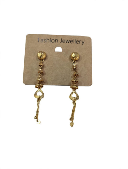 Premium Golden Textured Beaded Heart Charm Drop Earrings