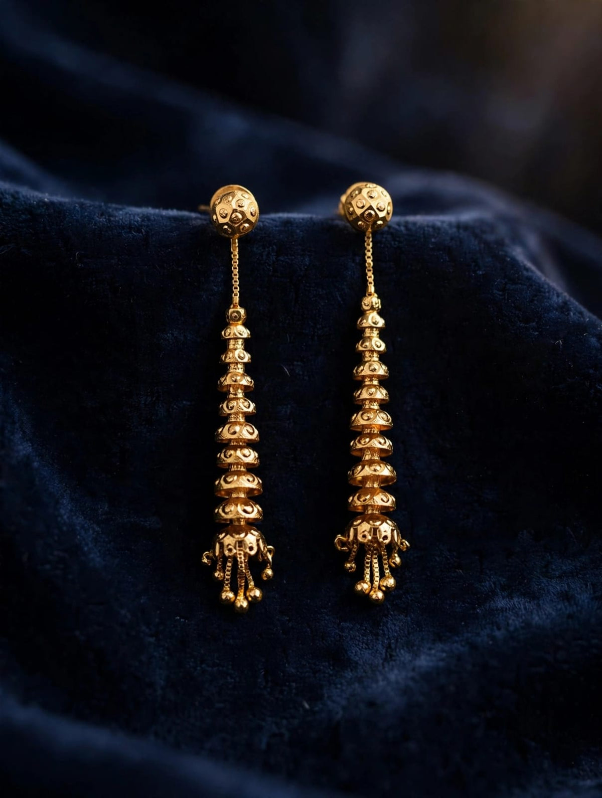 Premium Golden Textured Beaded Long Drop Earrings