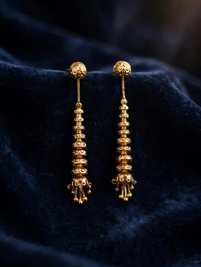 Premium Golden Textured Beaded Long Drop Earrings