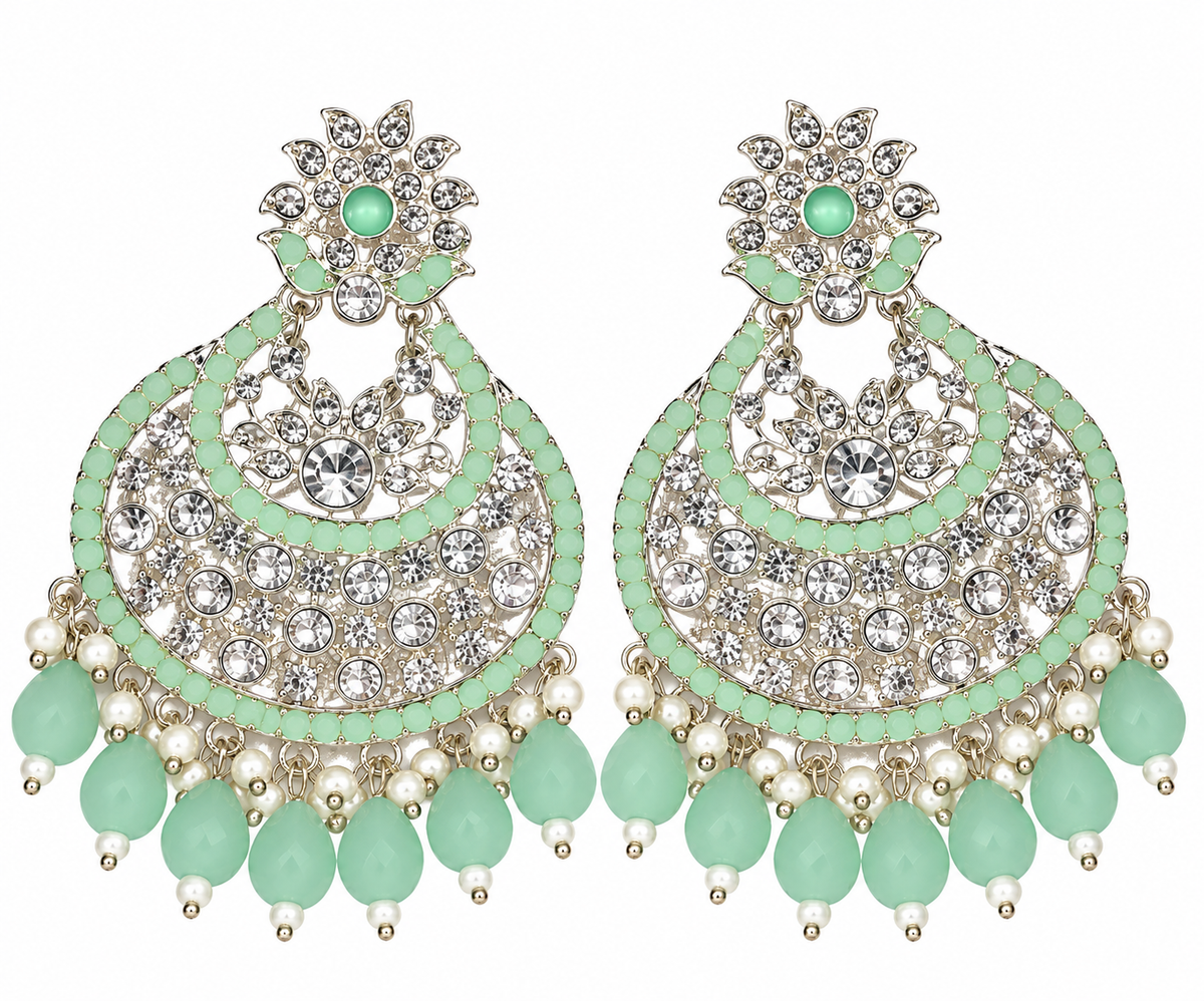 Premium Mint Green & Silver Chandbali Statement Earrings