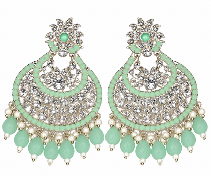 Premium Mint Green & Silver Chandbali Statement Earrings