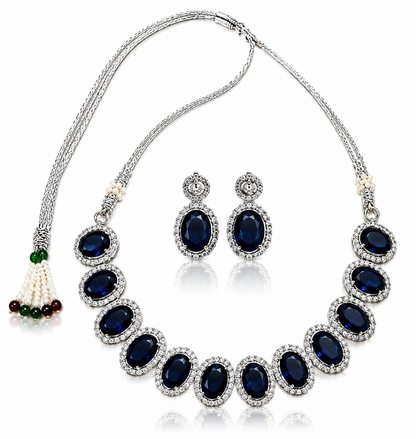 Silver-Toned Deep Navy Blue Stone Necklace & Earring Set