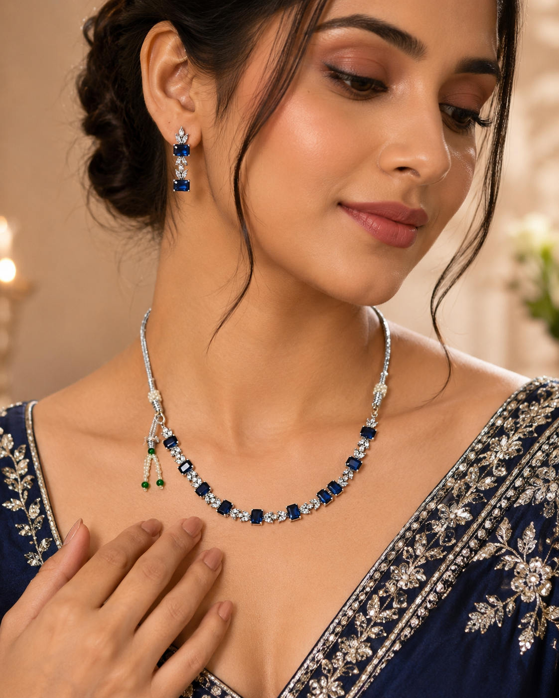 Silver-Toned Blue Stone Necklace & Earring Set