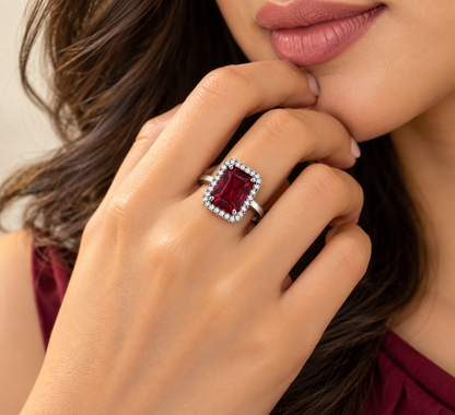 Burgundy Rectangular Halo Statement Ring