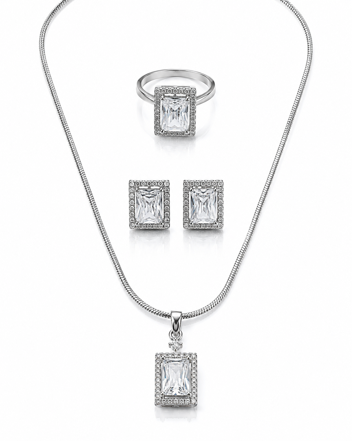 Elegant Silver-Toned Crystal Pendant Set