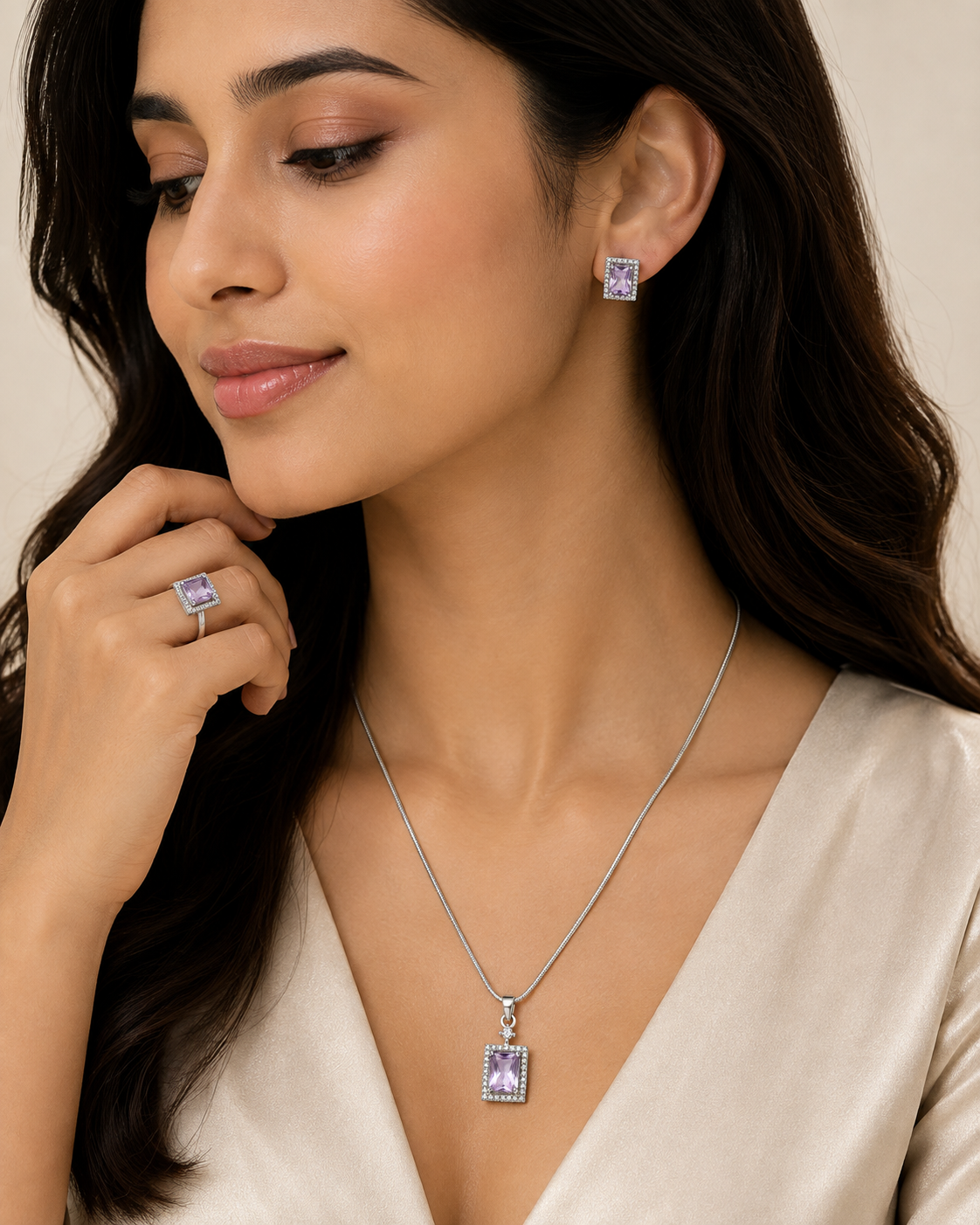 Elegant Lavender Silver-Toned Pendant Set