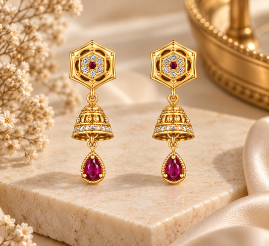 Premium Gold-Toned Jhumka Drop Earrings with Ruby Accents