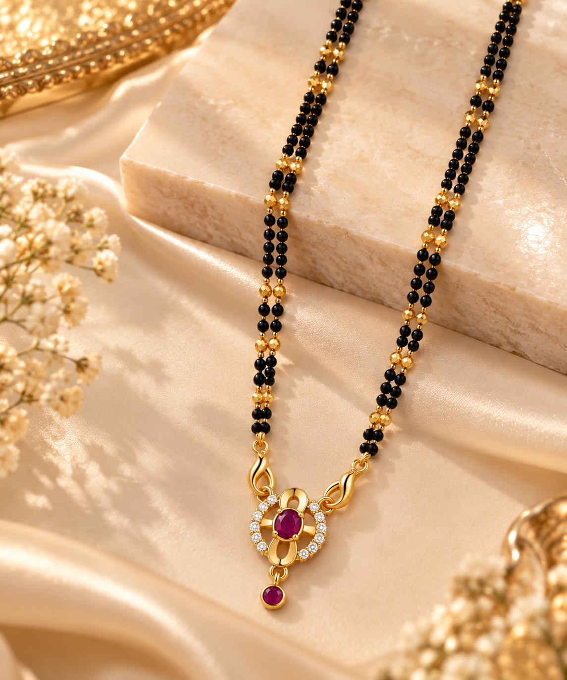 Elegant Black Beaded Mangalsutra with Ruby-Toned