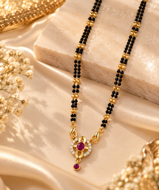 Elegant Black Beaded Mangalsutra with Ruby-Toned
