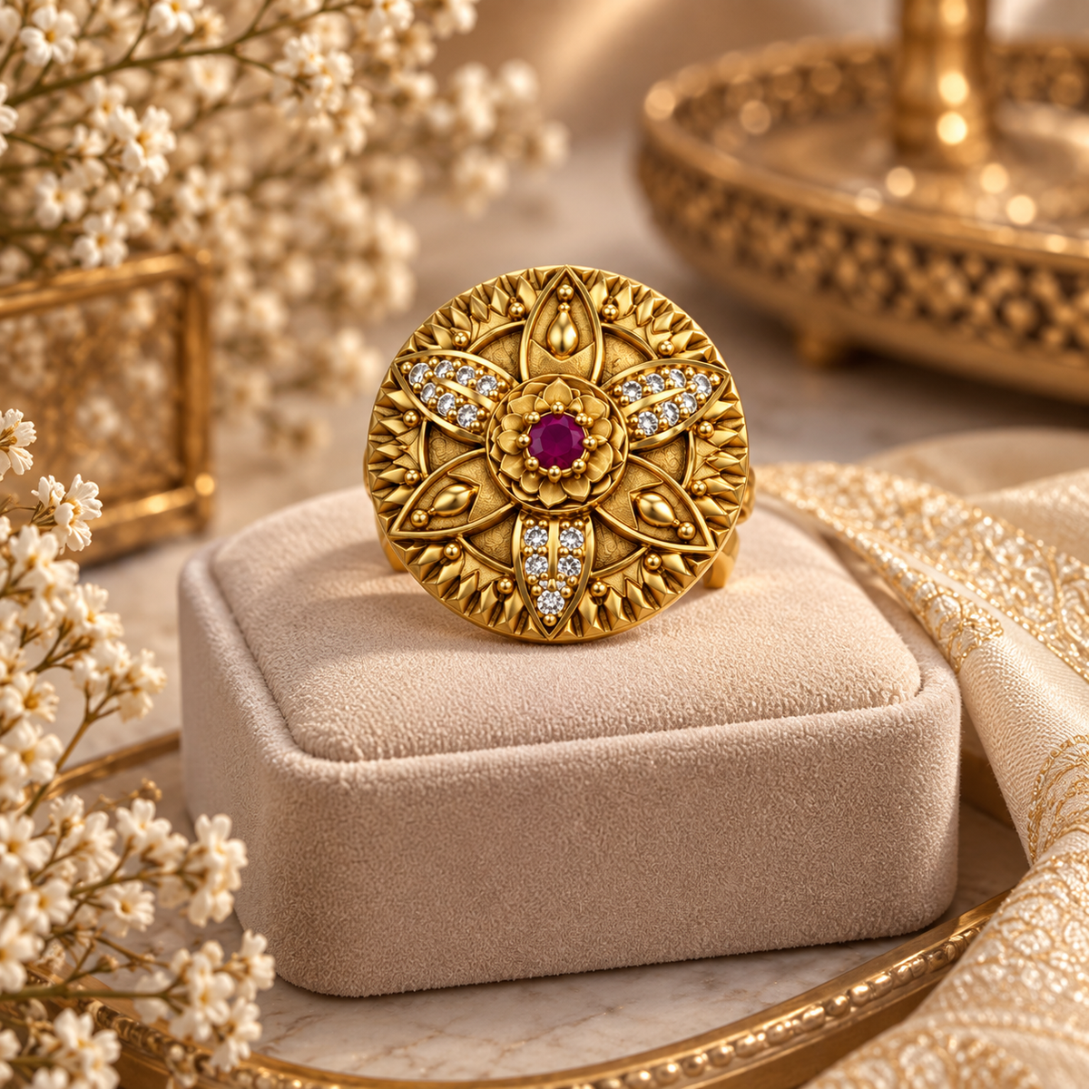 Antique Gold-Toned Ruby Floral Statement Ring