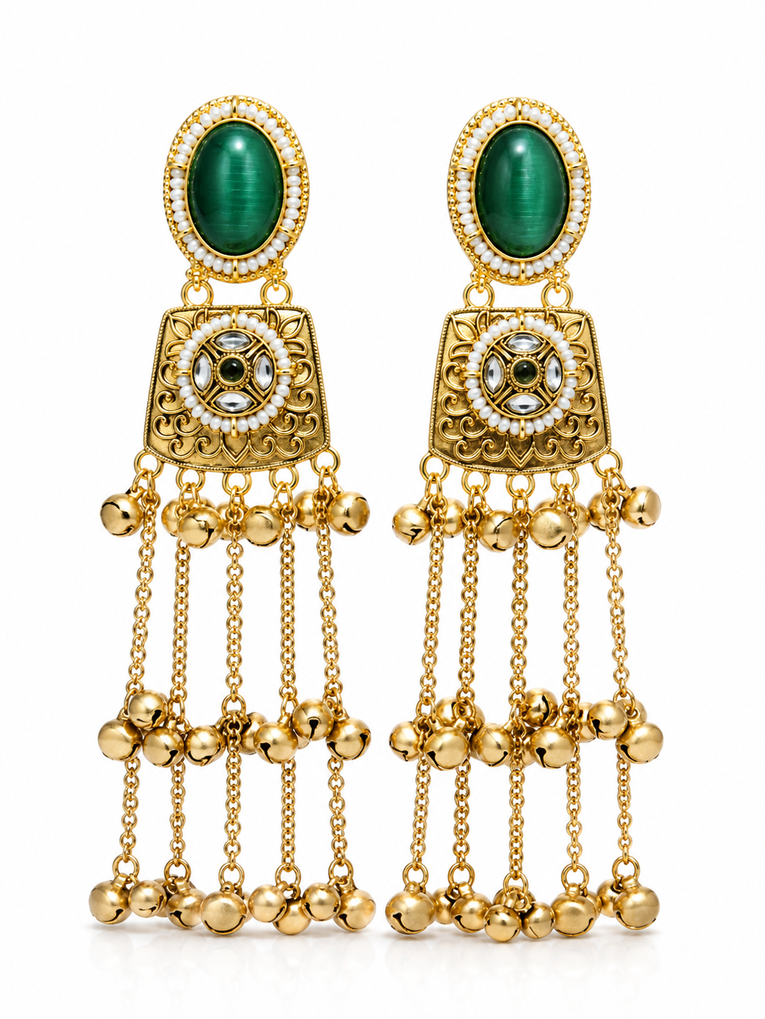 Royal Green Kundan Bell Drop Earrings