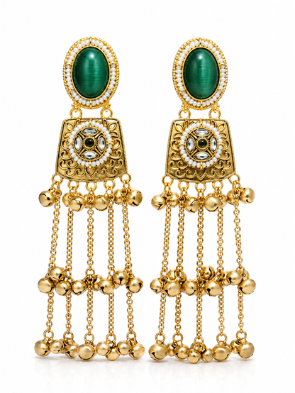 Royal Green Kundan Bell Drop Earrings