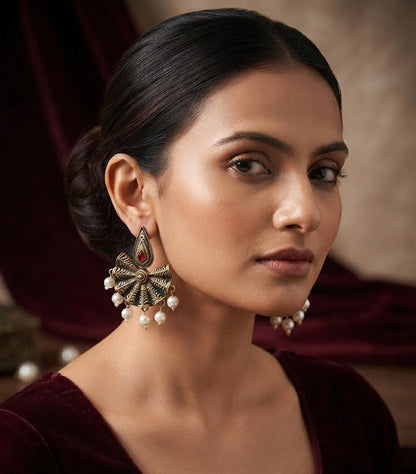 Premium Antique Gold-Toned Black Filigree & Ruby-Red Pearl Drop Earrings