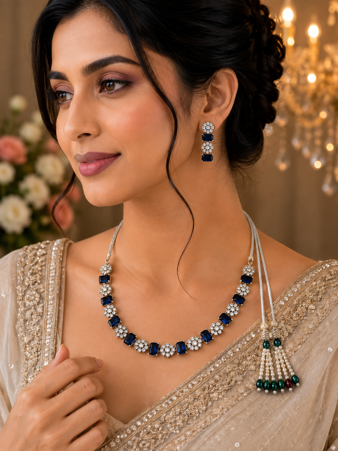 Silver-Toned Navy Blue Stone Necklace Set
