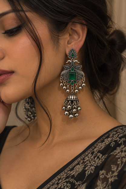 Premium Oxidized Silver-Toned Emerald Green Peacock Jhumka Earrings