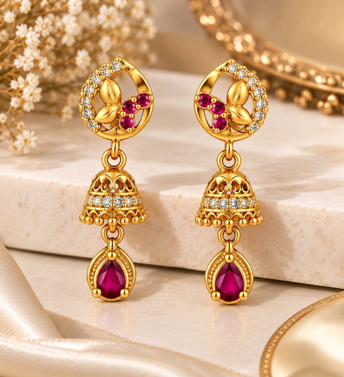 Premium Gold-Toned Jhumka Drop Earrings with Ruby Accents