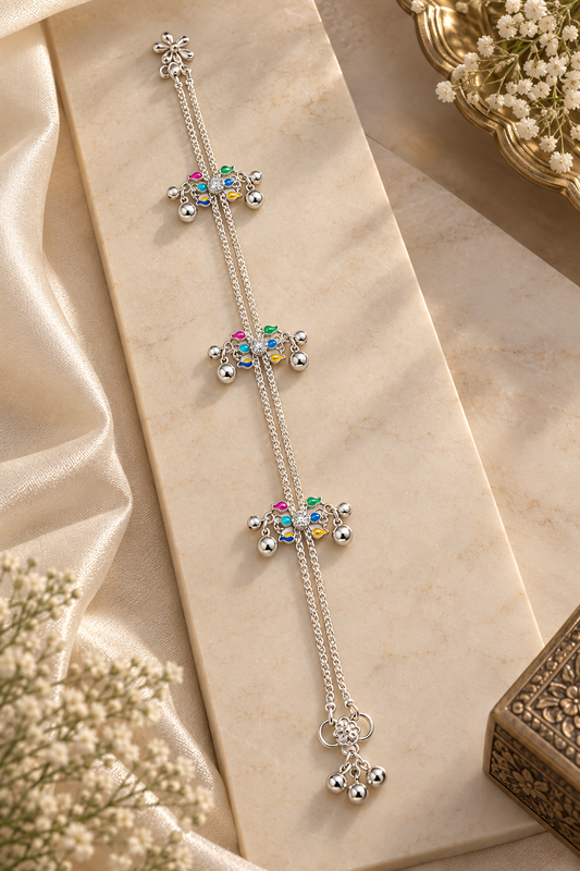 Elegant Silver-Toned Double-Strand Payal with Multicolor Floral Charms
