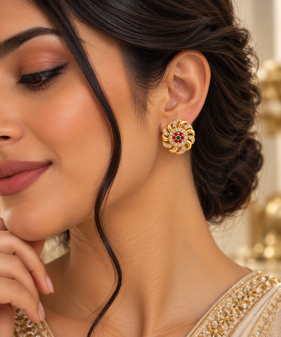 Premium Gold-Toned Floral Stud Earrings with Multicolor Stone Accents