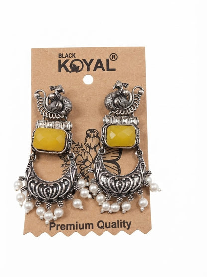 Premium Oxidized Silver Peacock-Inspired Mustard Yellow Stone Earrings