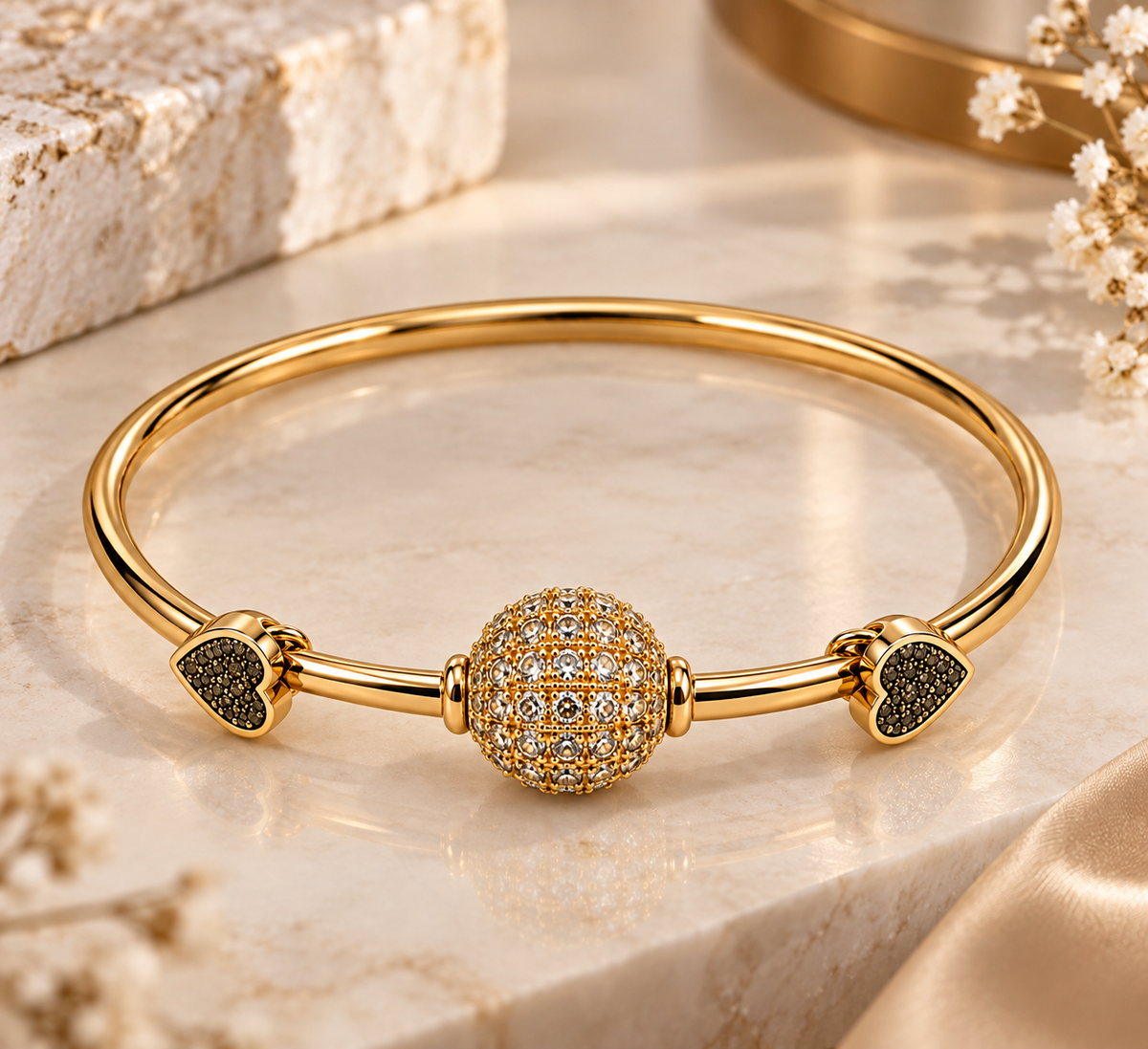 Premium Gold-Toned Crystal Ball & Heart Charm Bracelet