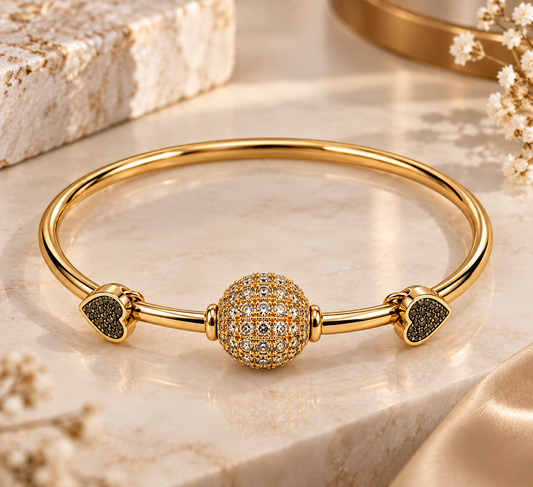 Premium Gold-Toned Crystal Ball & Heart Charm Bracelet