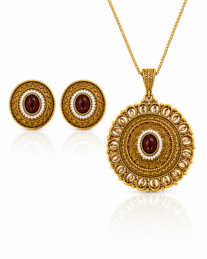 Antique Filigree Medallion Pendant & Stud Set
