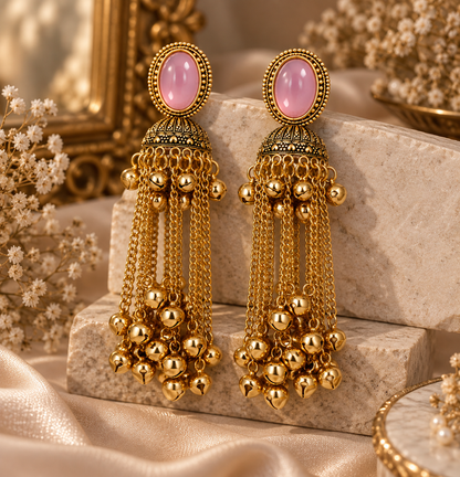 Premium Gold-Toned Pink Stone Long Chain Jhumka Earrings