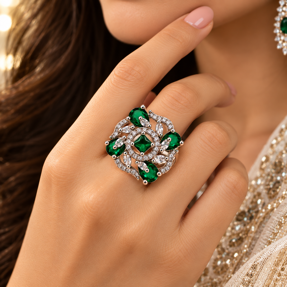 Emerald Green Floral Radiance Statement Ring