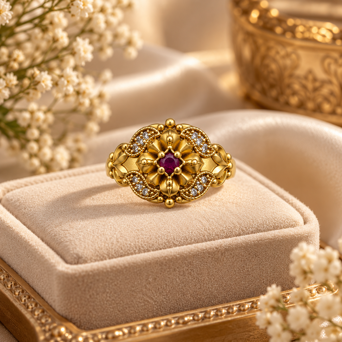 Antique Gold-Toned Ruby Floral Statement Ring