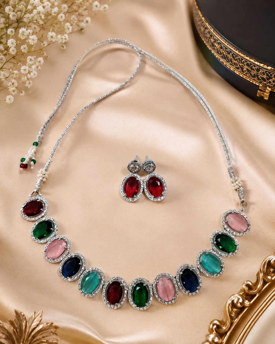 Silver-Toned Multicolor Stone Necklace Set