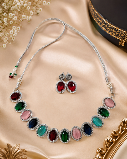 Silver-Toned Multicolor Stone Necklace Set