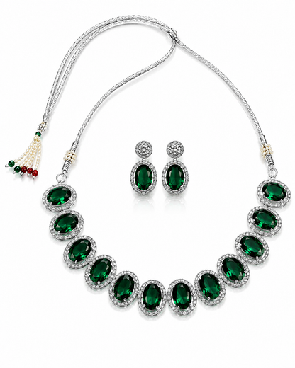 Silver-Toned Emerald Green Stone Necklace & Earring Set