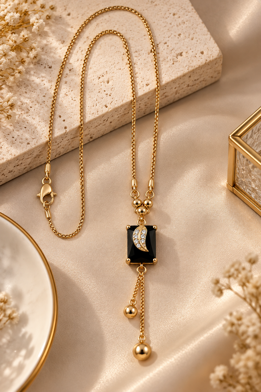 Gold-Toned Black Stone Pendant Necklace