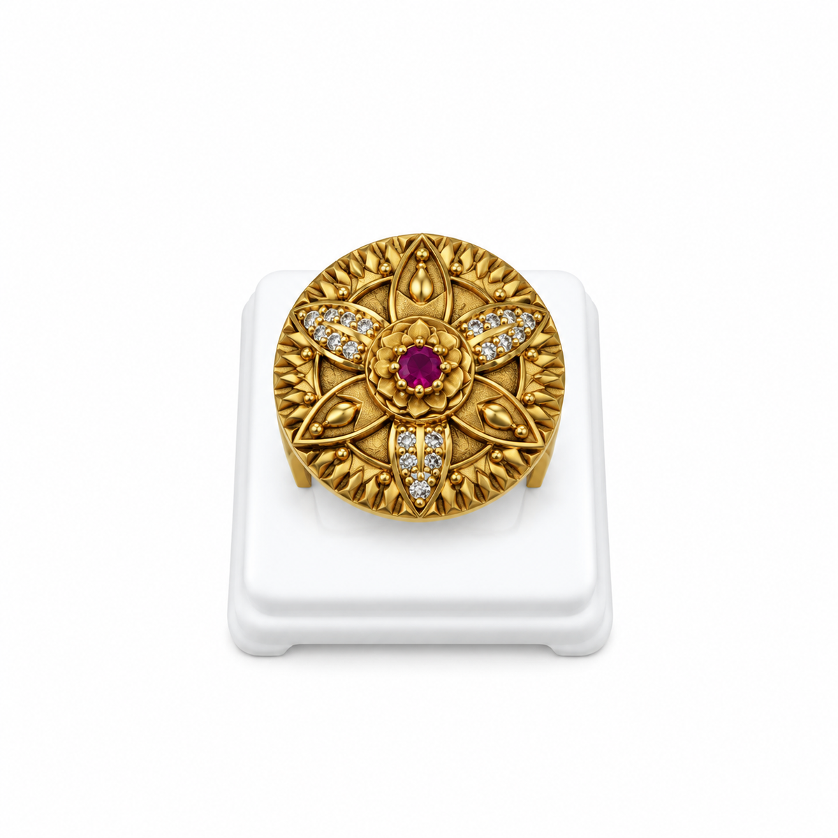 Antique Gold-Toned Ruby Floral Statement Ring