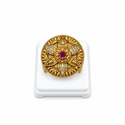 Antique Gold-Toned Ruby Floral Statement Ring