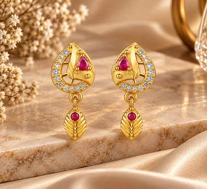 Premium Gold-Toned Teardrop Drop Earrings with Ruby Accents