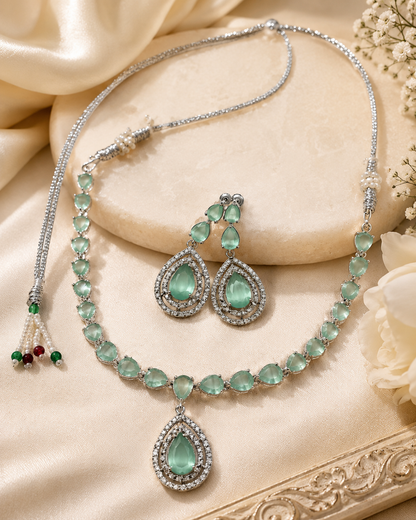 Silver-Toned Mint Green Crystal Necklace & Earring Set