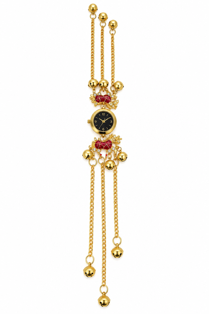 Elegant Gold-Toned Pendant Watch with Red Bow Accents