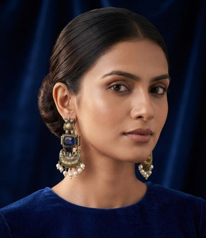 Premium Blue Crystal Antique Gold Chandbali Earrings