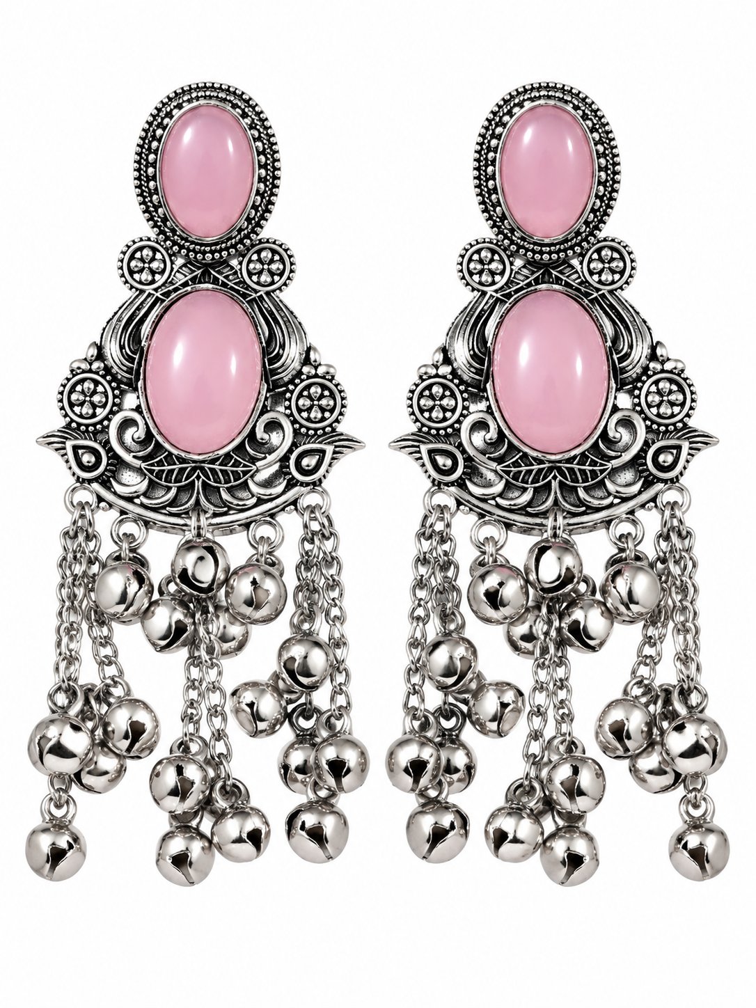Premium Silver-Toned Pink Stone Oxidized Chandelier Earrings