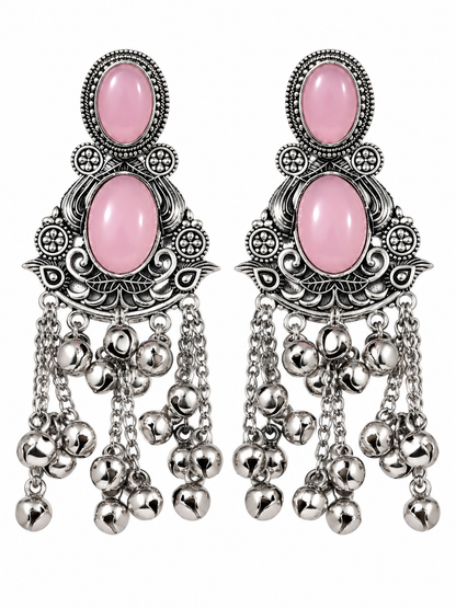 Premium Silver-Toned Pink Stone Oxidized Chandelier Earrings