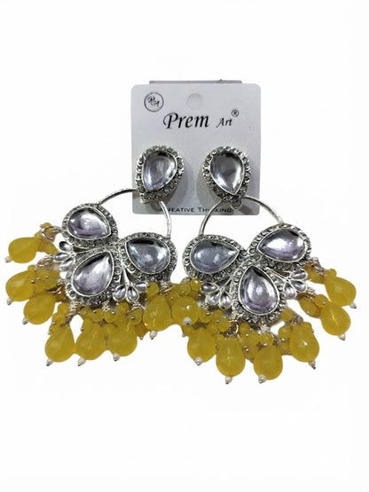 Premium Silver-Toned Pearl Finish & Yellow Beaded Statement Chandelier Earrings
