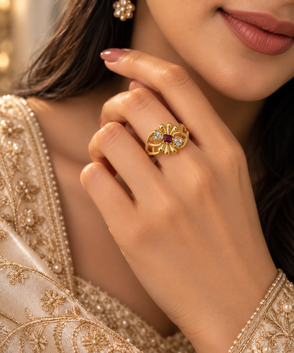 Gold-Toned Ruby Floral Statement Ring