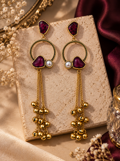 Premium Gold-Toned Purple Stone Long Chain Chandelier Earrings