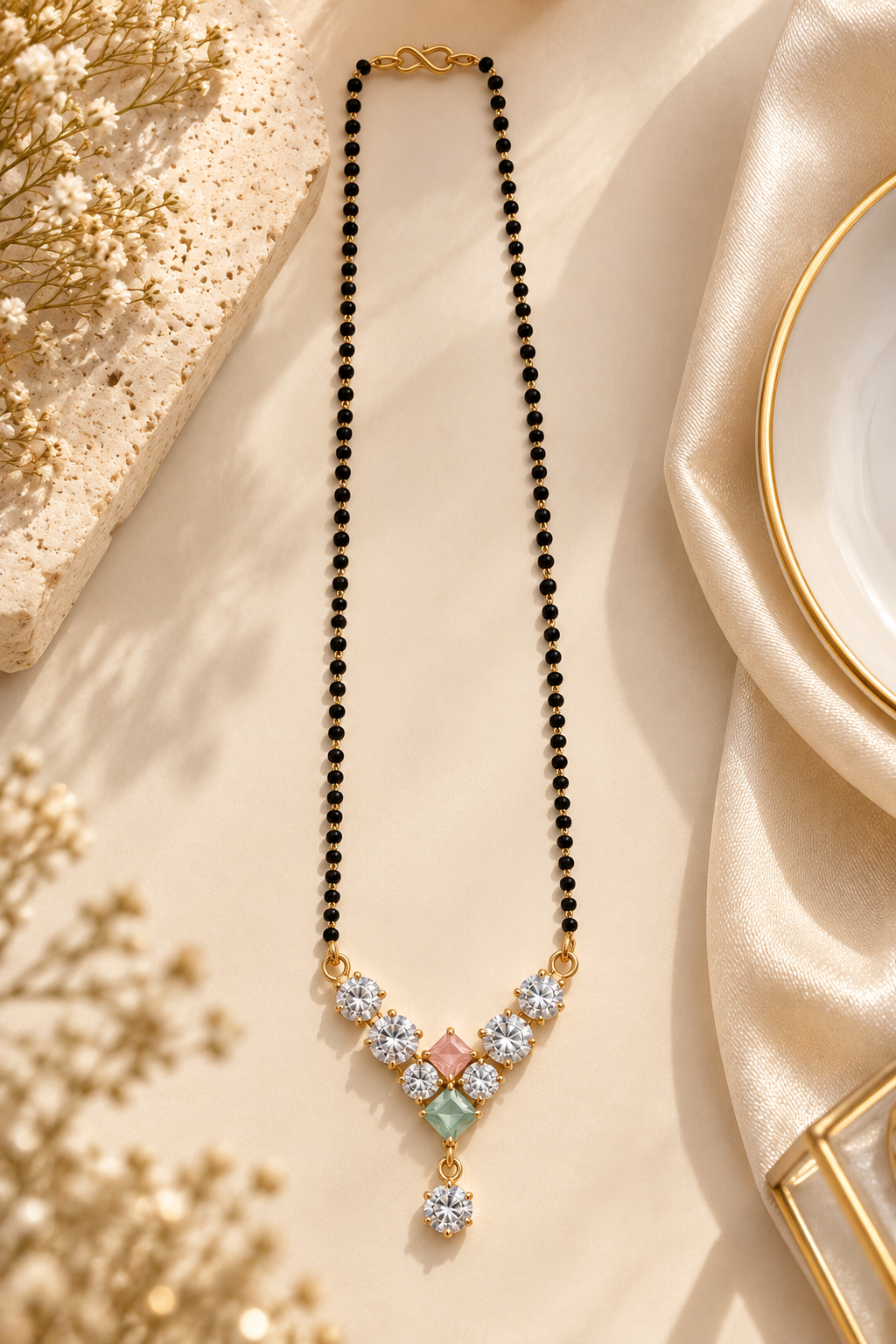 Premium Black Beaded Mangalsutra with Multicolor Crystal Pendant
