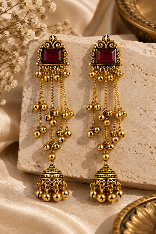 Gold-Toned Red Stone Long Chain Jhumka