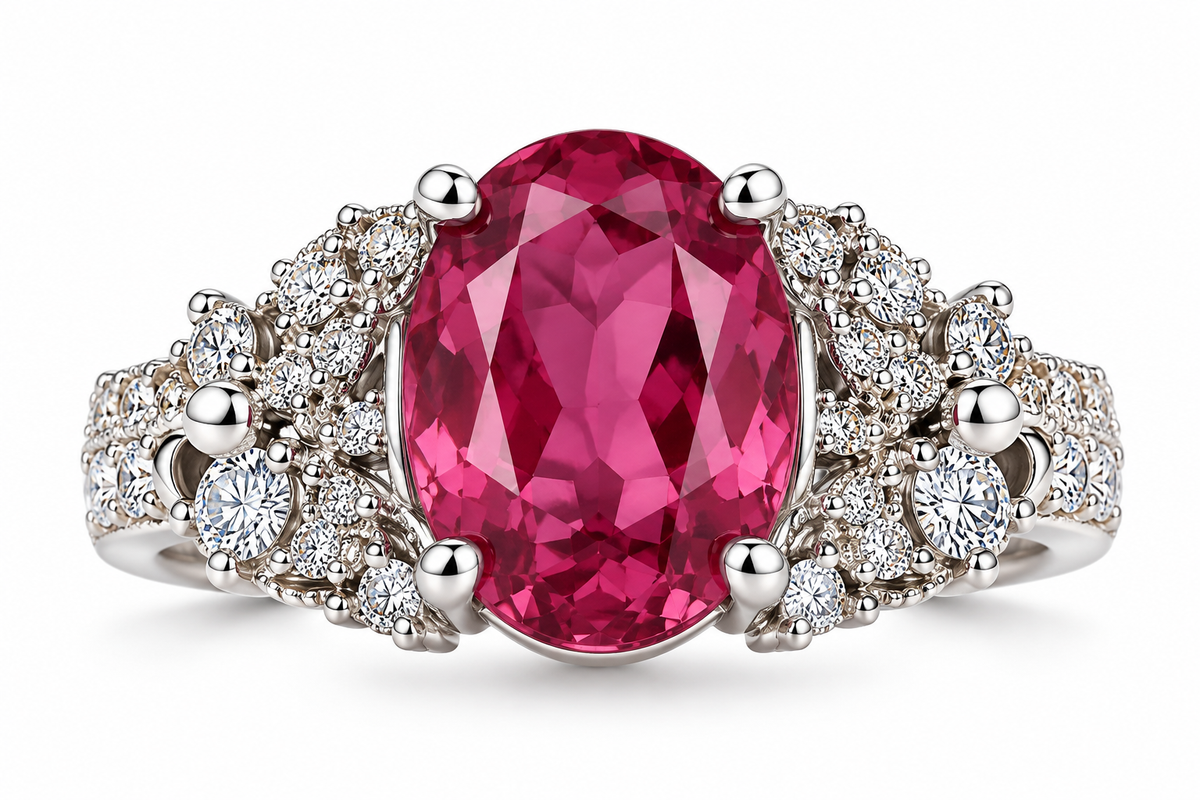 Rose Pink Oval Floral Halo Statement Ring